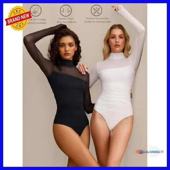 Long Sleeve Bodysuit Shapewear Mesh Turtleneck Going Out Top - Picture 4 of 8
